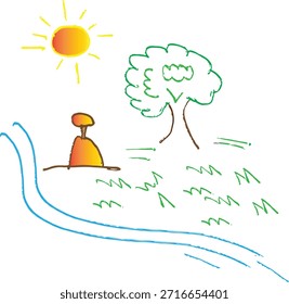 Un doodle vibrante y simplista, que recuerda al dibujo de un niño. La impresión general es de creatividad inocente y un ambiente brillante y natural.