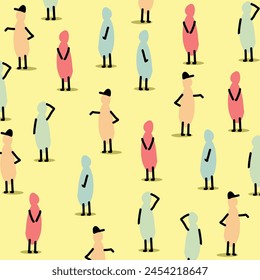 Vibrant and simplistic illustration featuring abstract figures of people walking. The colorful pattern creates a dynamic and lively backdrop, perfect for various design projects.