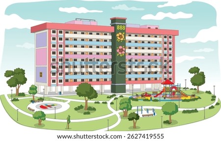 A vibrant Singapore public flat features pink, red, purple, blue, and white hues, with a green floral-adorned strip. It's surrounded by a well-kept park, playground, and exercise area.