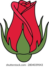 Vibrant Single Red Rosebud Just Beginning to Unfurl With Clean Outlines Isolated on a Plain White Background