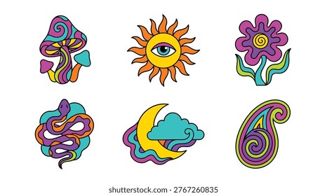 Vibrant single subject illustration set showcasing colorful doodle icons