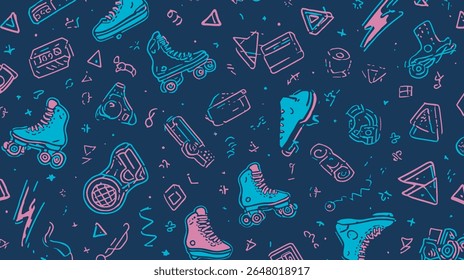 Vibrant skates perform across retro backdrop neon pattern skating illustration.