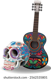 Vibrant skull and guitar with floral designs
