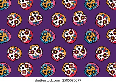 Vibrant skull pattern on purple, Dia de los Muertos design, bright festive colors, textile printing and digital backgrounds, traditional Mexican sugar skulls.