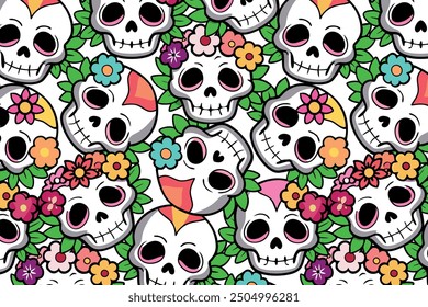 Vibrant skulls and floral pattern for Dia de los Muertos. Seamless vector illustration, web backgrounds, textile design, party decorations. Bright color palette, playful, cartoonish style