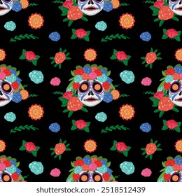 Vibrant skulls and flowers on black background