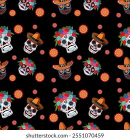 Vibrant skulls and flowers on black background