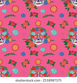 Vibrant skulls and flowers on pink background