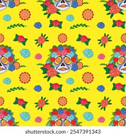 Vibrant skulls and flowers on yellow background