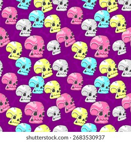 Vibrant skulls tumble across a rich purple backdrop in a playful, seamless pattern. Ideal for Halloween decor, textiles, wallpaper, and fashion prints seeking bold, colorful skull imagery.