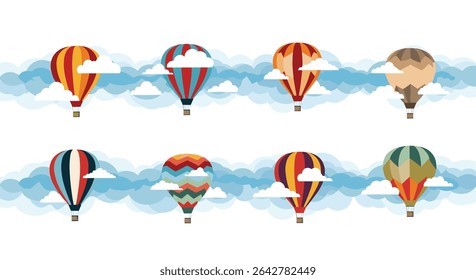 A Vibrant Sky Eight Hot Air Balloons Ascending Through Fluffy White Clouds Artwork