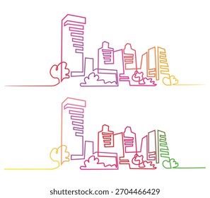 Ilustración vibrante del horizonte en estilo de arte de línea continua con Colores degradados y diseño moderno del paisaje urbano sobre fondo blanco