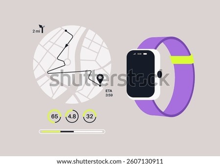 A vibrant smart watch running tracker shows crucial metrics like distance, estimated arrival time, and heart rate, guiding users on their fitness adventures through urban pathways