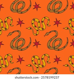 A Vibrant Snake and Star Pattern Set Against a Bright Orange Background, Perfectly Colorful