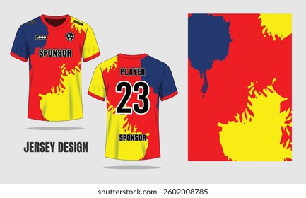 A vibrant soccer jersey pattern with watercolor splatter effects, creating a unique and artistic sportswear design
