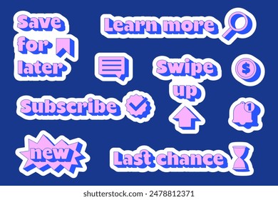 Vibrant social media call-to-action icons set in neon hues, perfect for engaging and guiding users with trendy, clickable prompts. Y2K modern style. Save for later, Learn more, Subscribe, Swipe up.