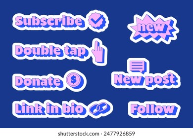 Vibrant social media call-to-action sticker set in neon hues, perfect for engaging and guiding users with trendy, clickable prompts. Y2K modern style. Donate, Double tap, New post, Follow, Link in bio