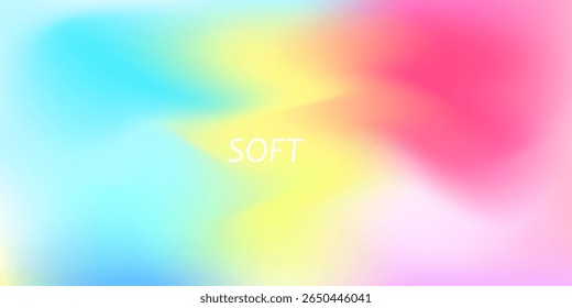 Vibrant soft gradient background with smooth blend of blue, yellow, pink, and cyan colors. Abstract design with a dreamy and colorful flow, featuring the word SOFT in the center. Vector EPS10.
