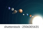 A vibrant solar system illustration showcasing the planets orbiting the sun against a deep space background. Perfect for science, astronomy, and educational content.