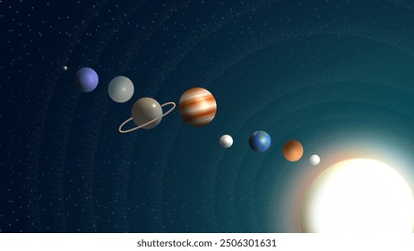 Eine lebendige Illustration des Sonnensystems, die die Planeten, die die Sonne umkreisen, auf einem Hintergrund im Weltraum zeigt. Perfekt für Wissenschaft, Astronomie und Bildungsinhalte.