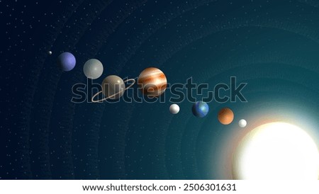 A vibrant solar system illustration showcasing the planets orbiting the sun against a deep space background. Perfect for science, astronomy, and educational content.