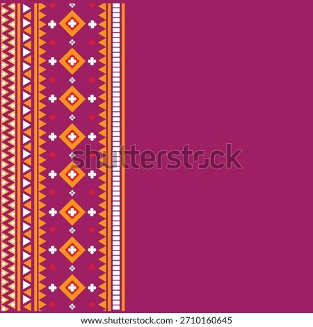 A vibrant Southeast Asian textile design featuring an intricate geometric border in saffron yellow, gold, and white diamonds and zig-zags against a solid magenta background. Traditional cultural.