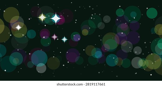 Vibrant space-themed design featuring glowing bokeh spheres and sparkling stars on a deep cosmic background.