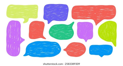 Vibrant speech bubble text Balloons collection with crayon chalk texture. Playful child drawings effect. Ideal for comics, stickers, chat design, children graphics playful branding
