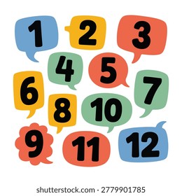 Vibrant speech bubbles with numbers 1-12 on white background, perfect for educational or design projects