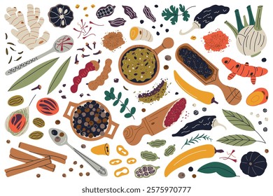 Vibrant spices vector illustrations set, various herbs, seeds, and seasonings like turmeric, ginger, cinnamon in wooden spoons and bowls. Doodle collection for culinary, cooking, and food themes