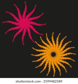 Vibrant spiral bursts. Pink orange flares. Abstract black background. Vector festive display.