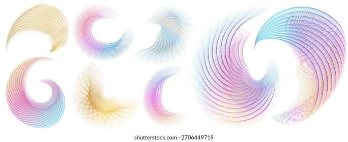 Formas vibrantes de líneas de gradiente en espiral para diseño moderno, imágenes tecnológicas, conceptos de flujo de datos, Gráficos para video y fondos dinámicos. Carteles ideales, acentos de marca, Elementos de interfaz de usuario, infografías abstractas