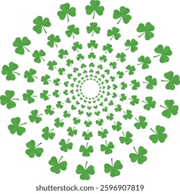 A vibrant spiral pattern of green shamrocks arranged in a circular design. Perfect for St. Patrick’s Day decorations, festive prints, and Irish-themed artwork or digital projects.