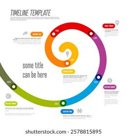 A vibrant spiral timeline template showcasing key events in chronological order. Each section is color-coded and includes space for text, ideal for presentations.