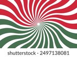 Vibrant Spiraling Retro Sunburst Hungarian Flag Abstract Art in crimson red, white, and dark green.