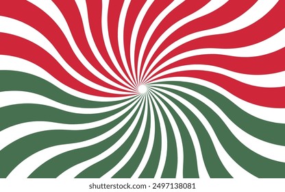 Vibrant Spiraling Retro Sunburst Hungarian Flag Abstract Art in crimson red, white, and dark green.