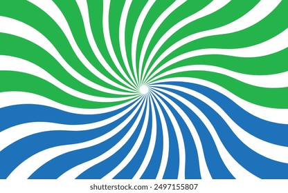 Vibrant Spiraling Retro Sunburst Sierra Leone Flagge Abstrakte Kunst in grün, weiß und True Blue.