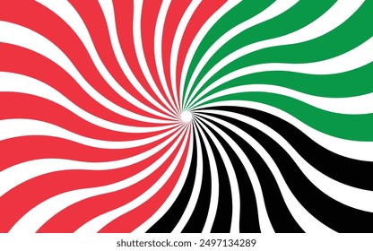 Vibrant Spiraling Retro Sunburst UAE Flag Abstract Art in red, green, white, and black.