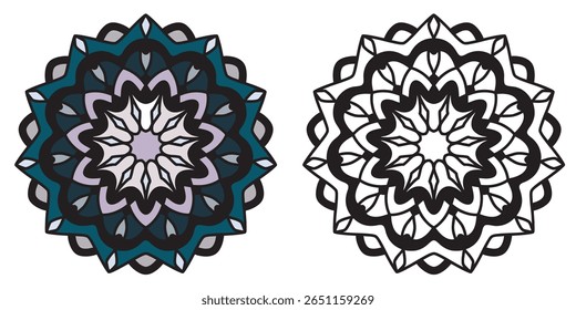 Vibrante Design Mandala Espiritual, Delicado mandala floral flor. Mandala Clipart ilustração da mandala muçulmana. Exemplo colorido e exemplo em branco sobre fundo branco isolado. Atividade divertida para crianças.