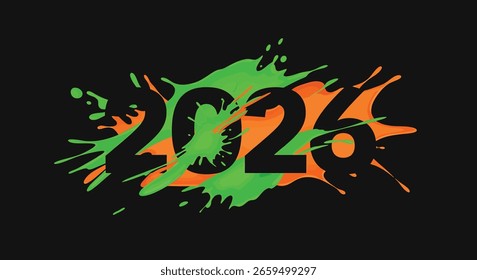 Vibrante arte splash con el año 2026. Una mezcla creativa de tinta naranja y verde salpica sobre un fondo negro. Ideal para proyectos de Diseño gráfico modernos.