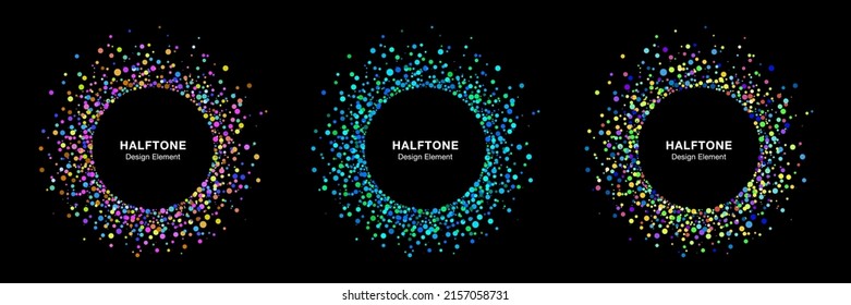 Vibrant splash frames. Random halftone circle dots logo. Colorful Design Element.  Splatter round. Spray paint effect. Vector set illustration 