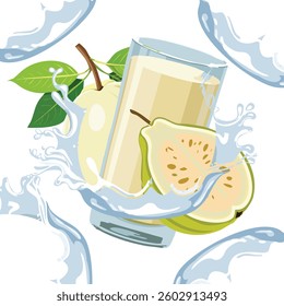 A vibrant splash of guava juice with fresh slices scattered around