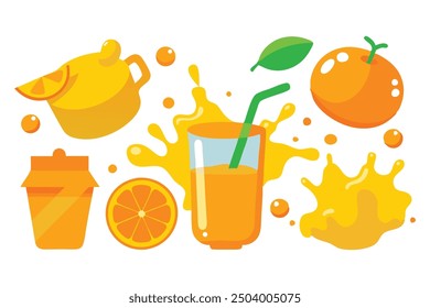 Vibrant splash of orange juice Vector illustration set on white background