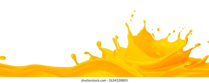 Vibrant splash of orange or yellow liquid, resembling juice or paint, creating a  The fluid motion is captured mid-action, suggesting freshness, energy