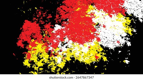 Vibrant splatter art on a stark black backdrop features striking hues of red, yellow, and white, creating a visually arresting composition with dynamic, textured forms and strong color contrast