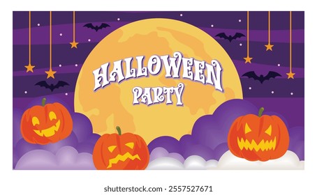 A vibrant and spooky Halloween party invitation featuring glowing jack o lanterns, a full moon. Perfect for setting a festive and eerie atmosphere for any Halloween celebration. 