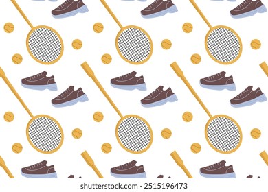 Vibrant sports gear pattern with rackets, shoes, and balls on a white backdrop