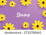 A vibrant spring background featuring realistic 3D yellow daisy flowers scattered across a bright purple backdrop with "Spring Background" text.