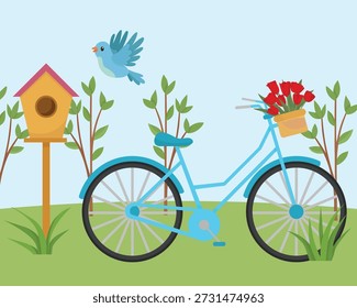 Diseño de primavera vibrante que ofrece una bici azul con la pajarera decorativa de la caja de flores y los árboles Pequeños en estilo estacional plano
