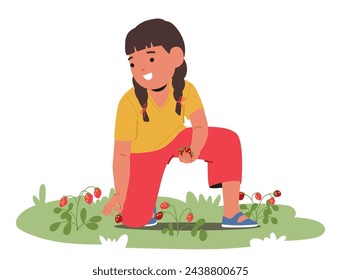 In The Vibrant Spring Field Joyful Child Picks Wild Berries, Immersed In Nature Embrace. Laughter Echoes Amid Ripe Strawberries, Creating A Sweet Symphony Of Innocence And Delight. Vector Illustration